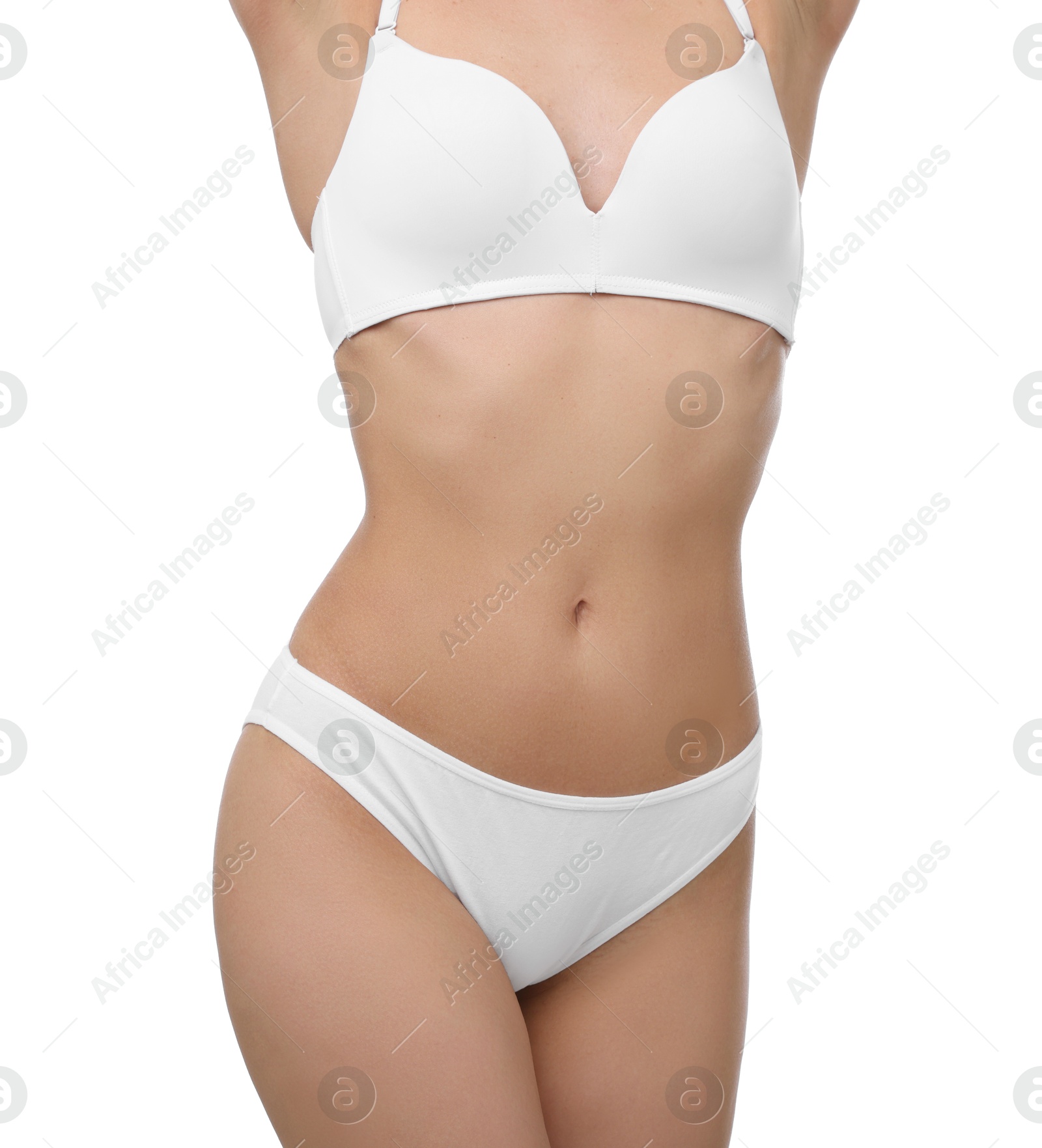 Woman with perfect slim body on white background, closeup Photo of Woman with perfect slim body on white background, closeup