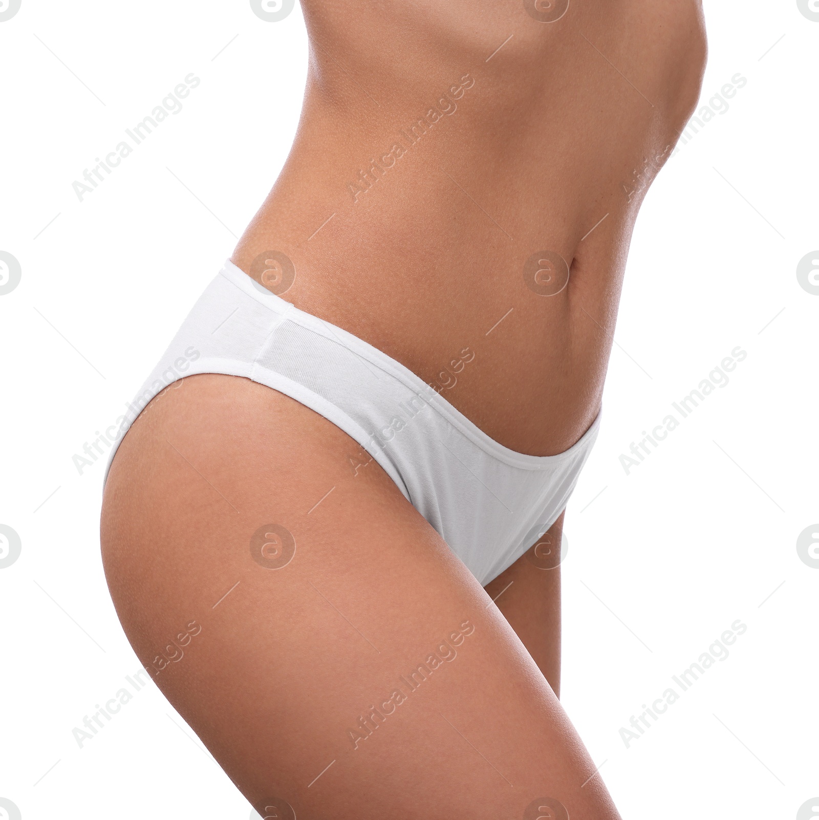 Woman with perfect slim body on white background, closeup Photo of Woman with perfect slim body on white background, closeup