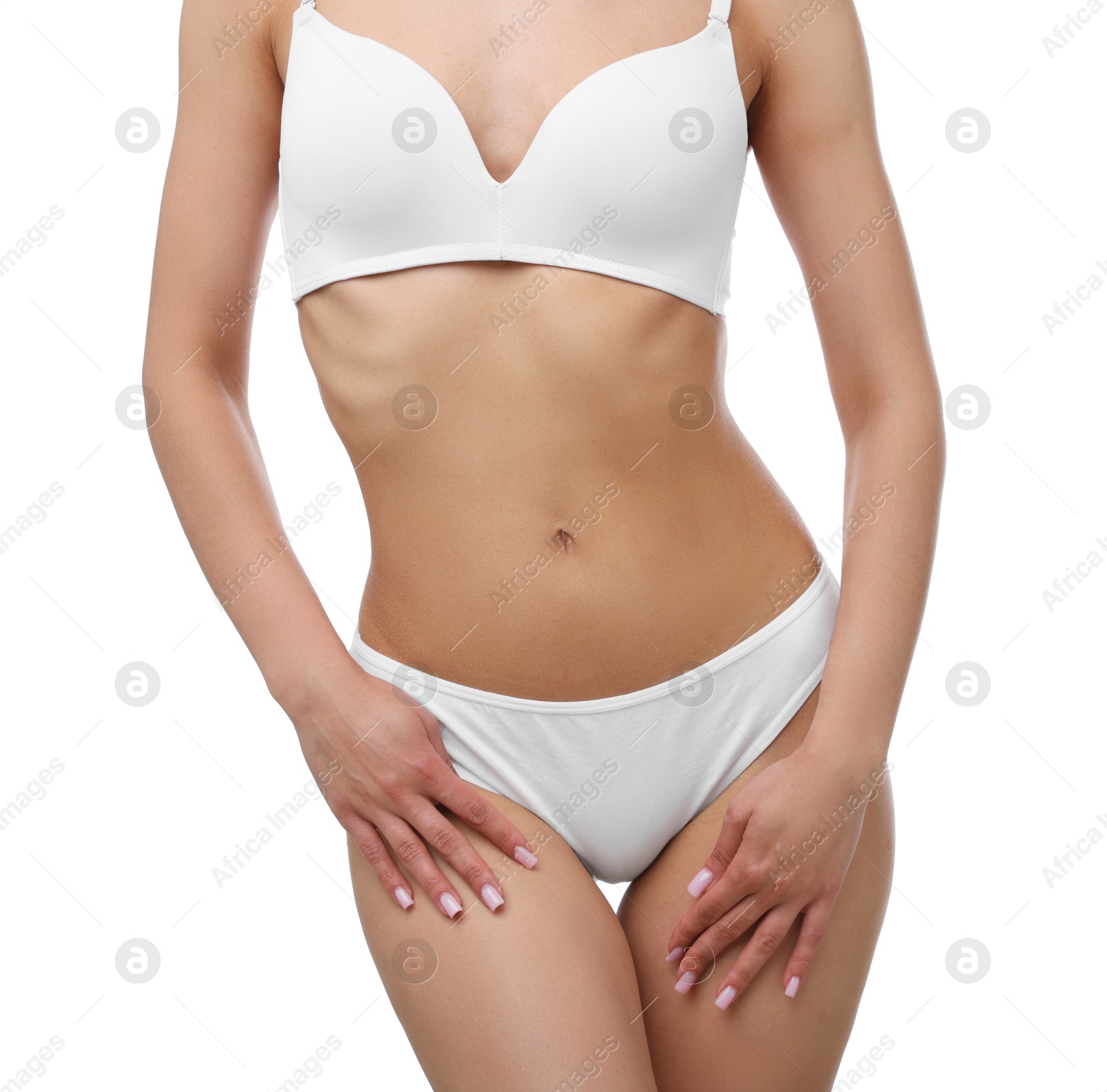 Woman with perfect slim body on white background, closeup Photo of Woman with perfect slim body on white background, closeup
