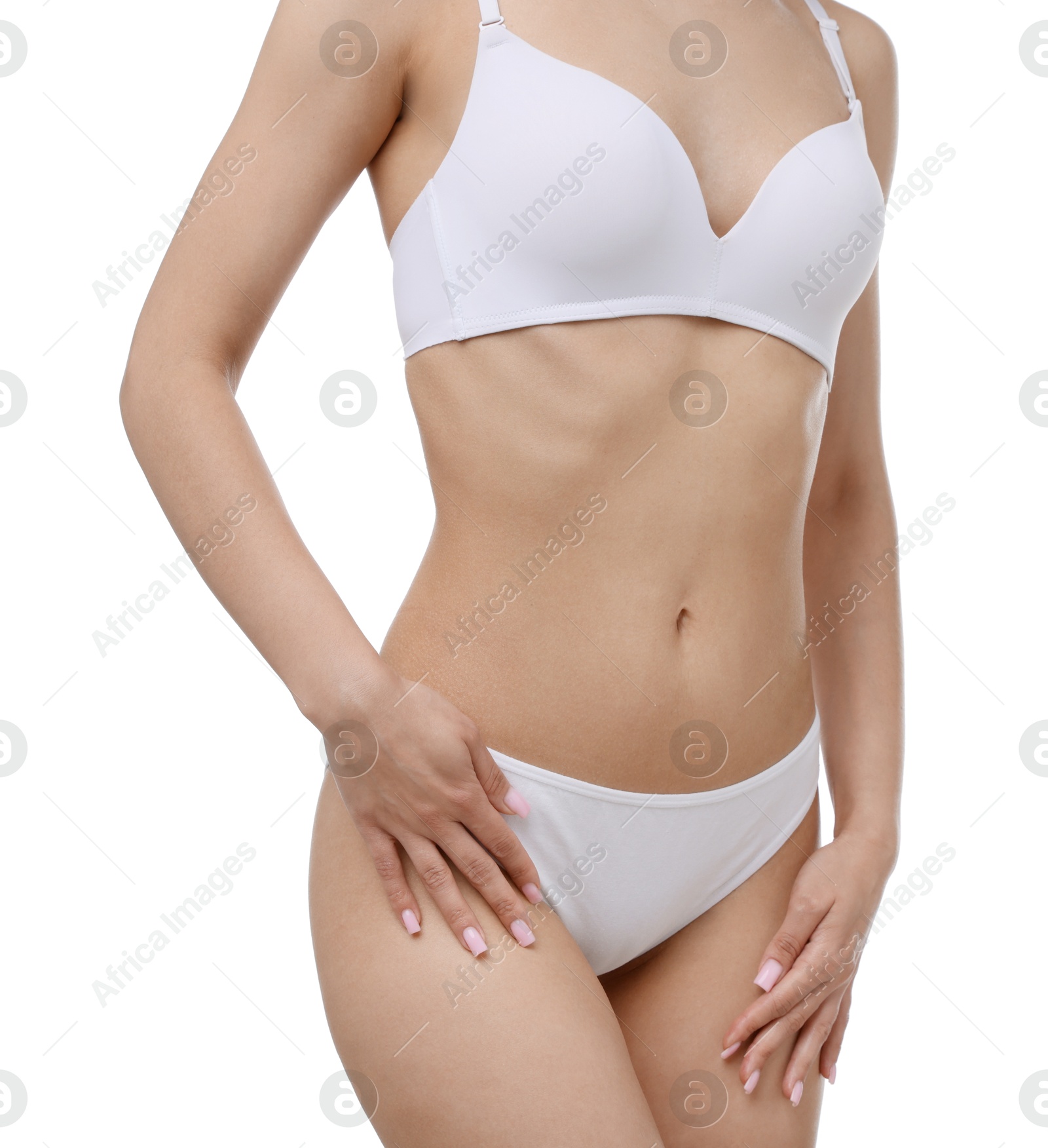 Woman with perfect slim body on white background, closeup Photo of Woman with perfect slim body on white background, closeup