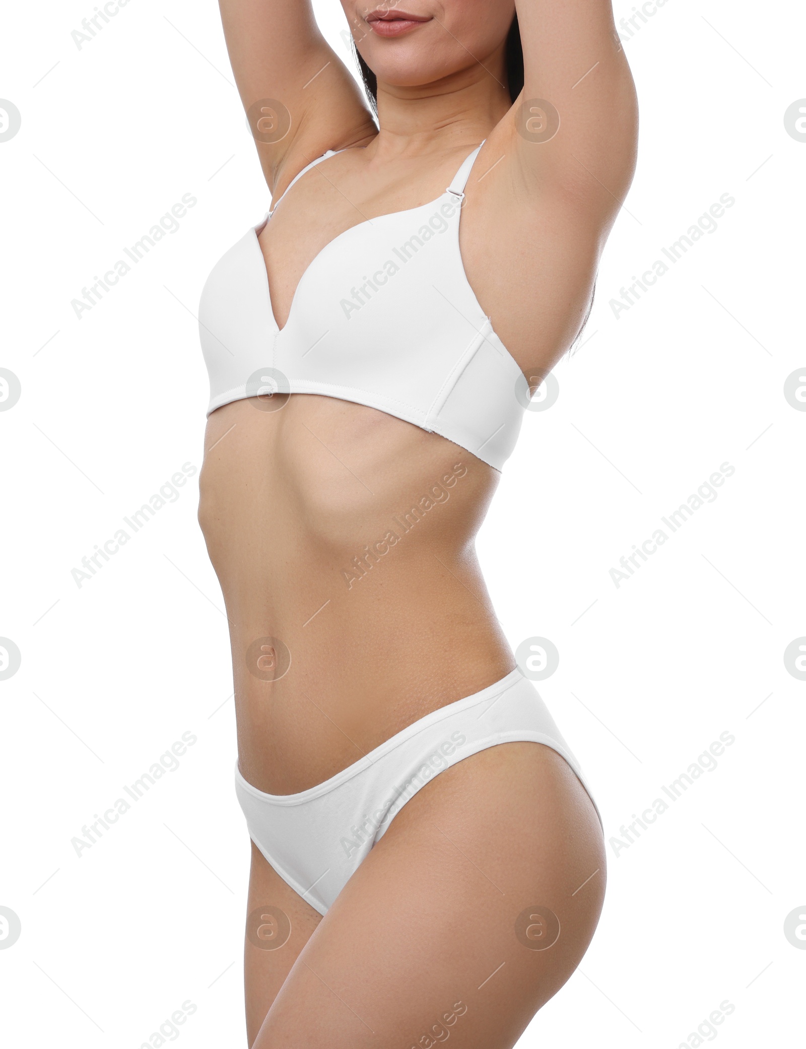 Woman with perfect slim body on white background, closeup Photo of Woman with perfect slim body on white background, closeup