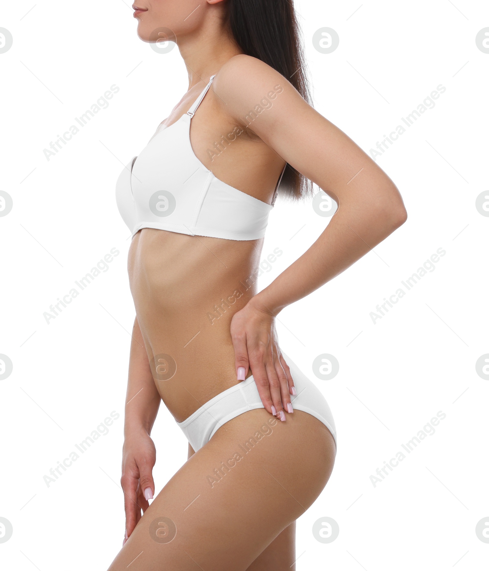 Woman with perfect slim body on white background, closeup Photo of Woman with perfect slim body on white background, closeup
