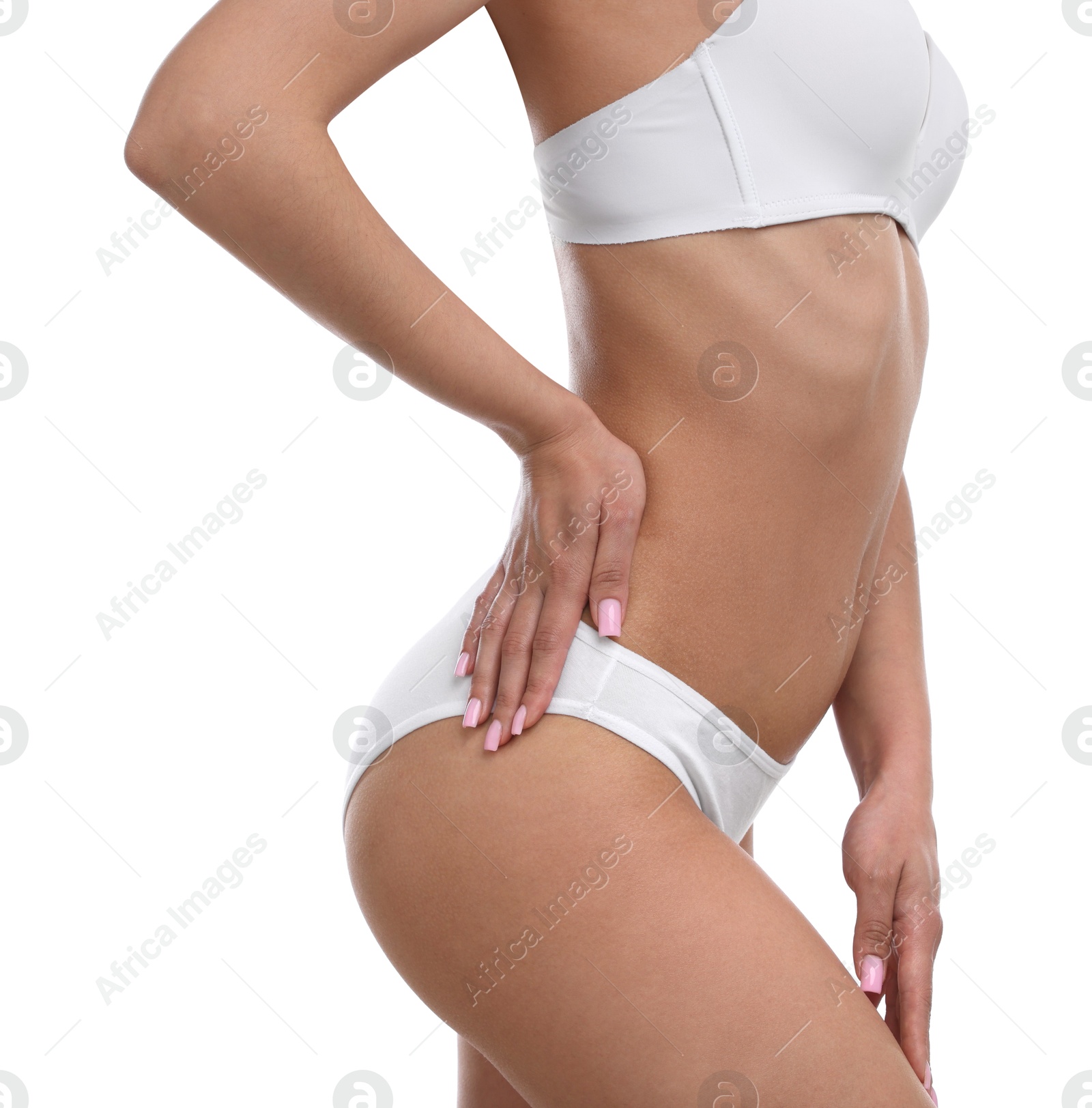 Woman with perfect slim body on white background, closeup Photo of Woman with perfect slim body on white background, closeup