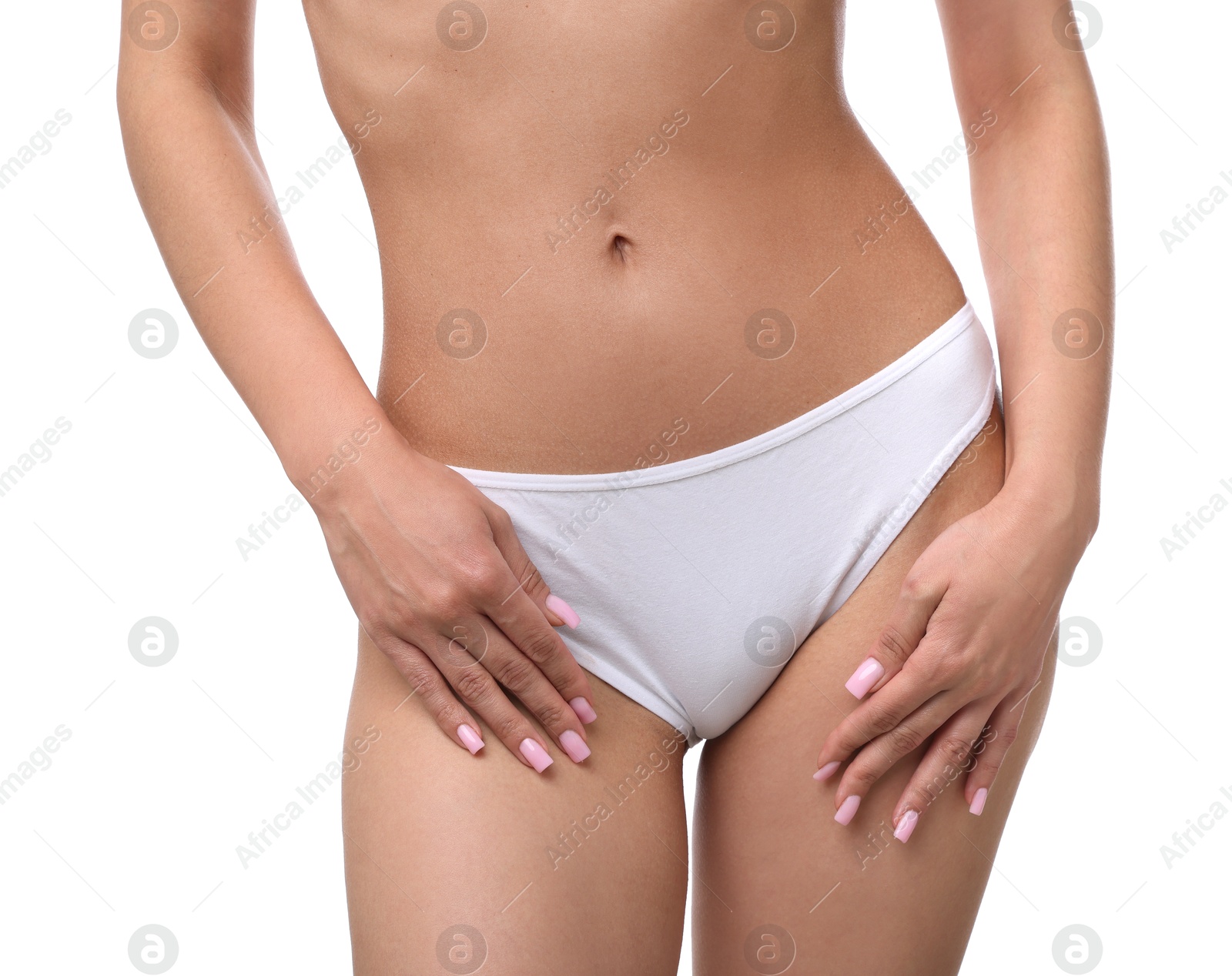 Woman with perfect slim body on white background, closeup Photo of Woman with perfect slim body on white background, closeup