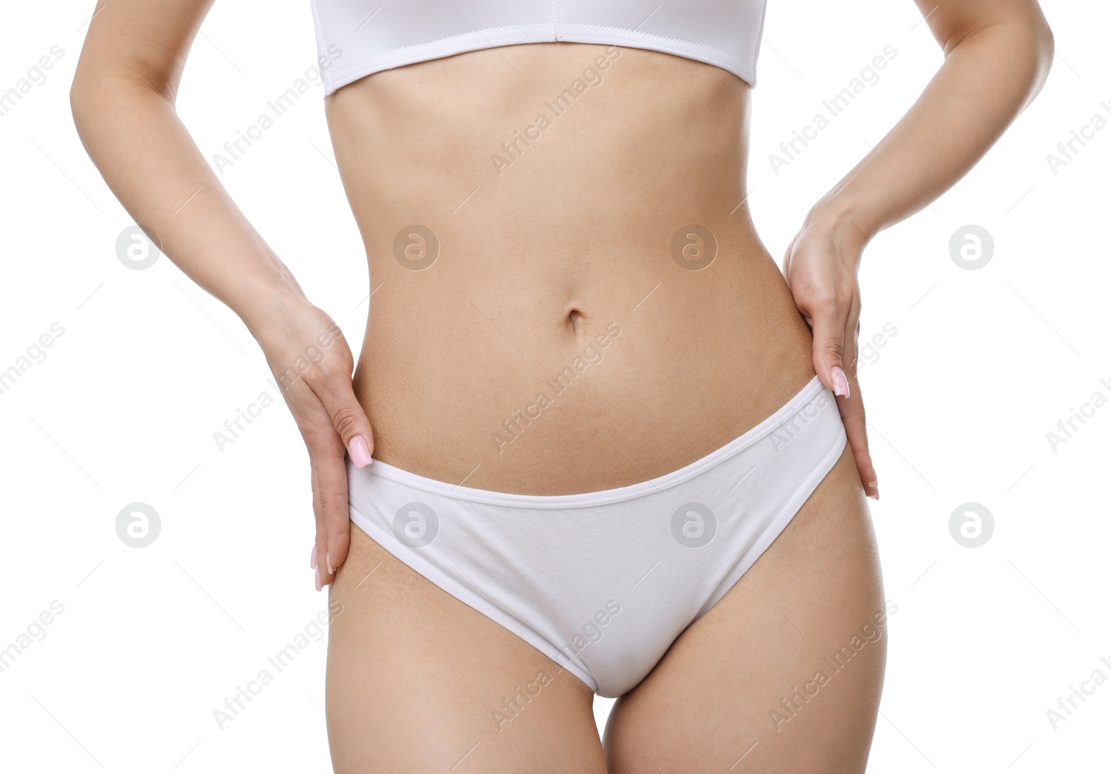 Woman with perfect slim body on white background, closeup Photo of Woman with perfect slim body on white background, closeup