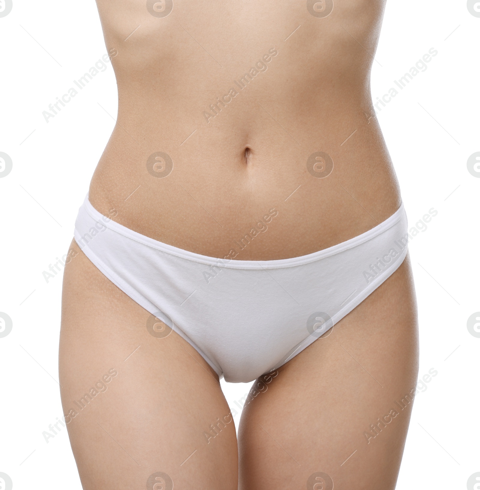 Woman with perfect slim body on white background, closeup Photo of Woman with perfect slim body on white background, closeup