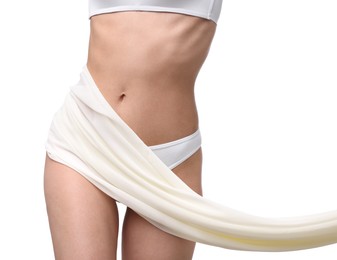 Photo of Woman with beautiful fabric on white background, closeup