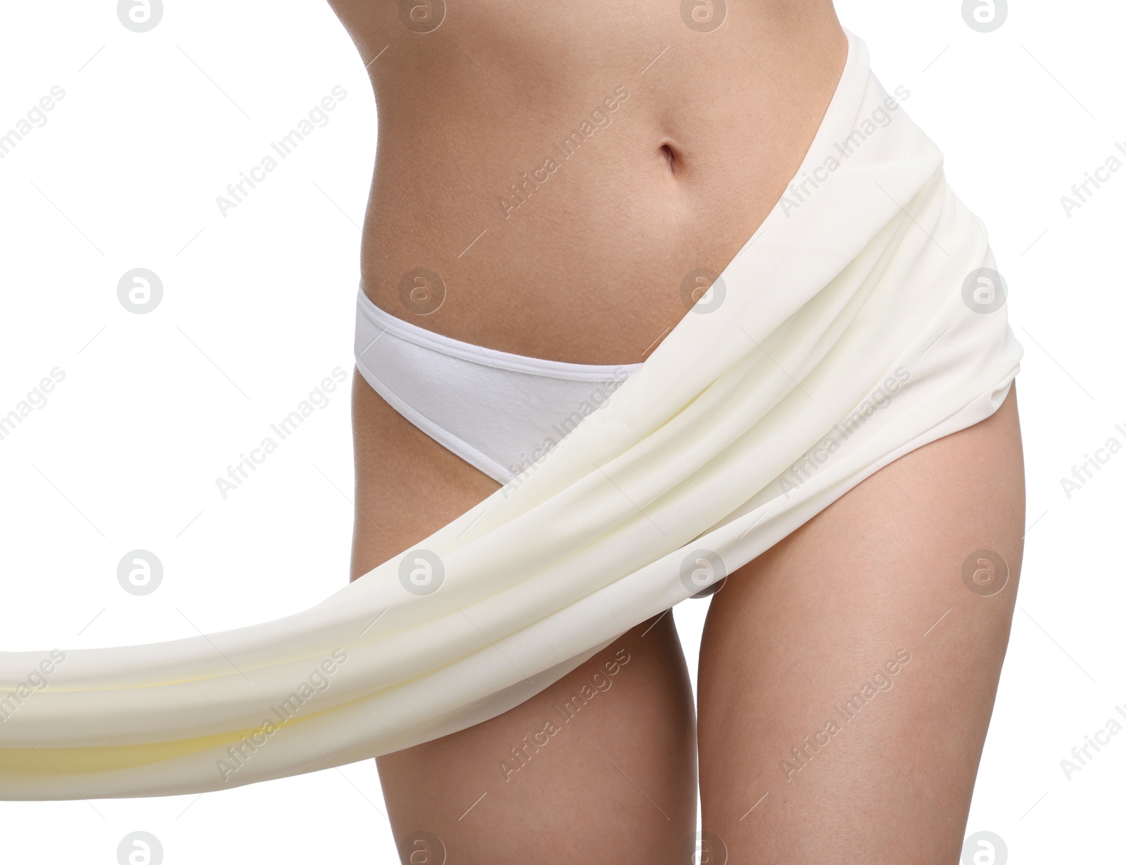 Woman with beautiful fabric on white background, closeup Photo of Woman with beautiful fabric on white background, closeup