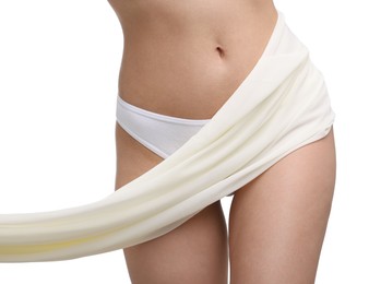 Photo of Woman with beautiful fabric on white background, closeup
