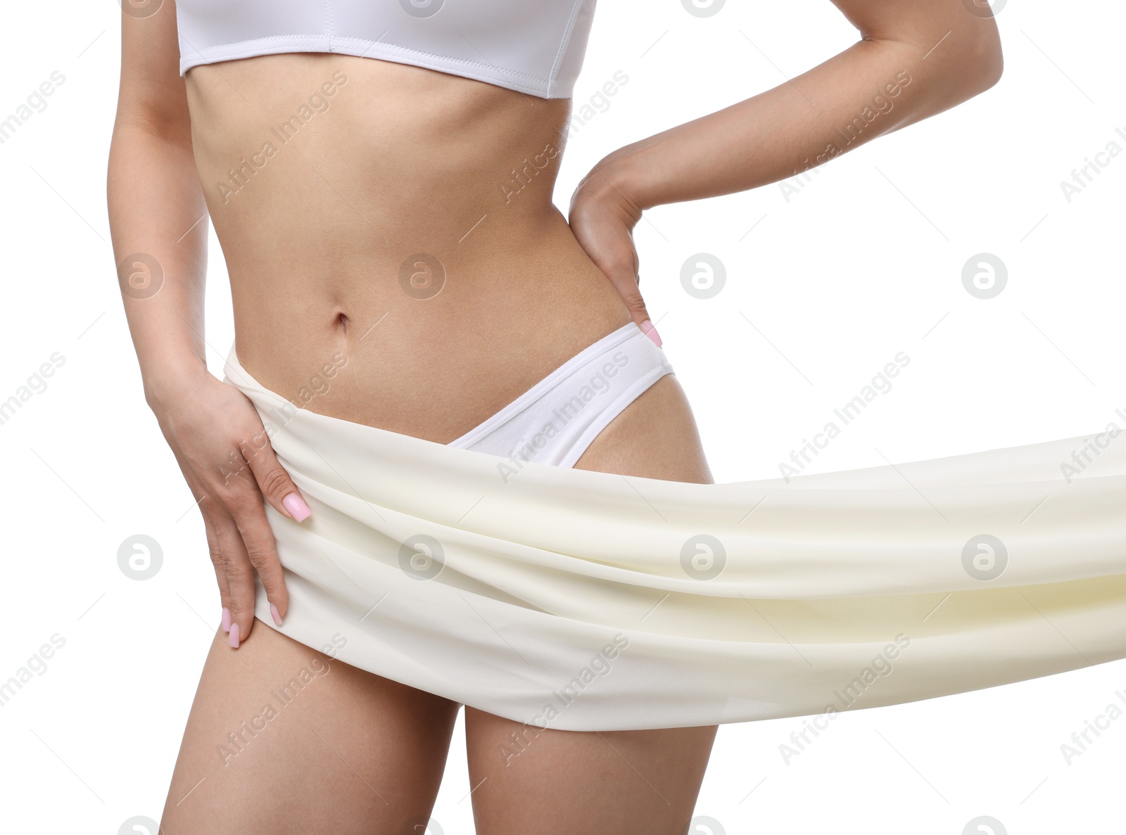 Woman with beautiful fabric on white background, closeup Photo of Woman with beautiful fabric on white background, closeup