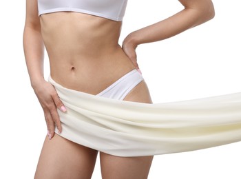 Photo of Woman with beautiful fabric on white background, closeup