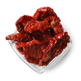 Photo of Tasty sun dried tomatoes isolated on white, top view