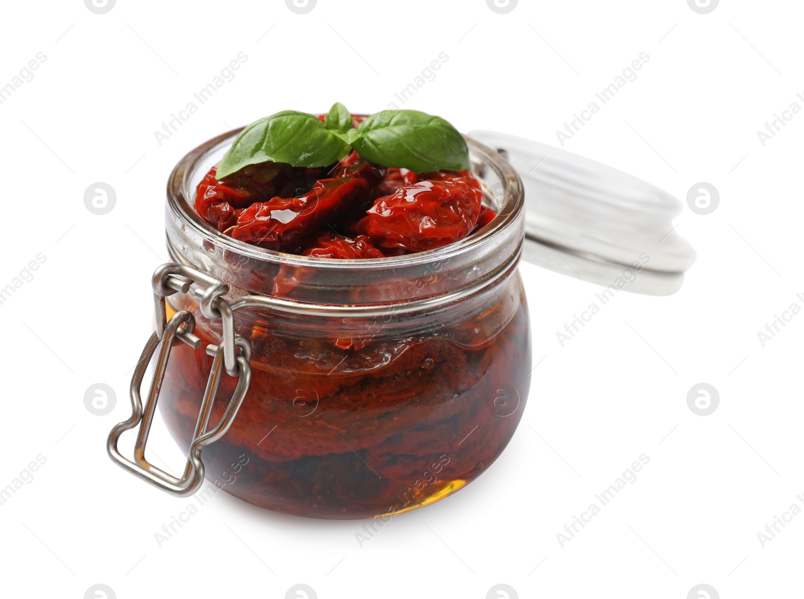 Tasty sun dried tomatoes and fresh basil isolated on white Photo of Tasty sun dried tomatoes and fresh basil isolated on white