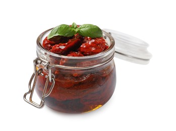 Photo of Tasty sun dried tomatoes and fresh basil isolated on white