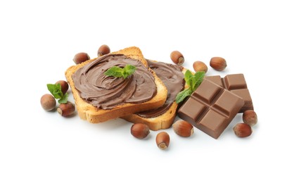 Photo of Toasts with tasty chocolate spread, pieces, mint and hazelnuts isolated on white