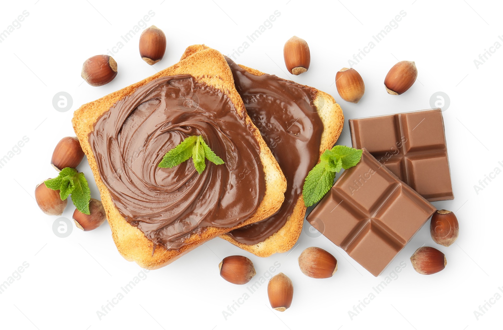 Toasts with tasty chocolate spread, pieces, mint and hazelnuts isolated on white, top view Photo of Toasts with tasty chocolate spread, pieces, mint and hazelnuts isolated on white, top view
