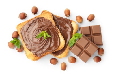 Photo of Toasts with tasty chocolate spread, pieces, mint and hazelnuts isolated on white, top view