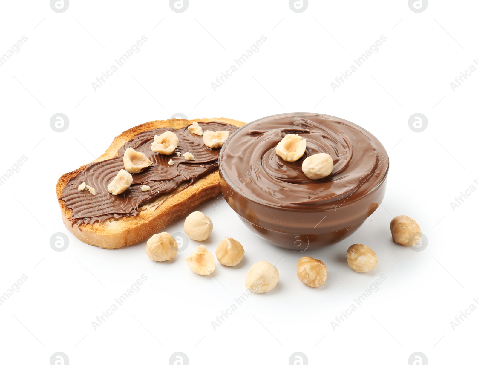 Photo of Toast with tasty chocolate spread and hazelnuts isolated on white