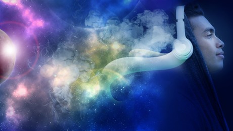 Image of Autonomous sensory meridian response. Man with headphones enjoying ASMR media. Double exposure with space symbolizing pleasant feelings