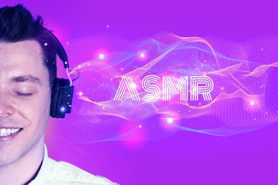 Image of Autonomous sensory meridian response. Man with headphones enjoying ASMR media on colorful background. Sound waves and lights