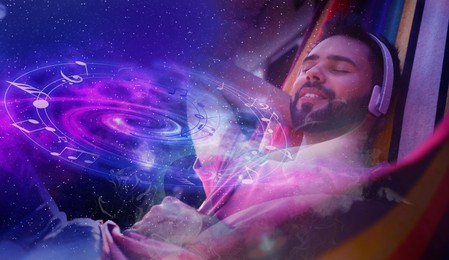 Image of Autonomous sensory meridian response. Man with headphones enjoying ASMR media in hammock. Double exposure with space symbolizing pleasant feelings
