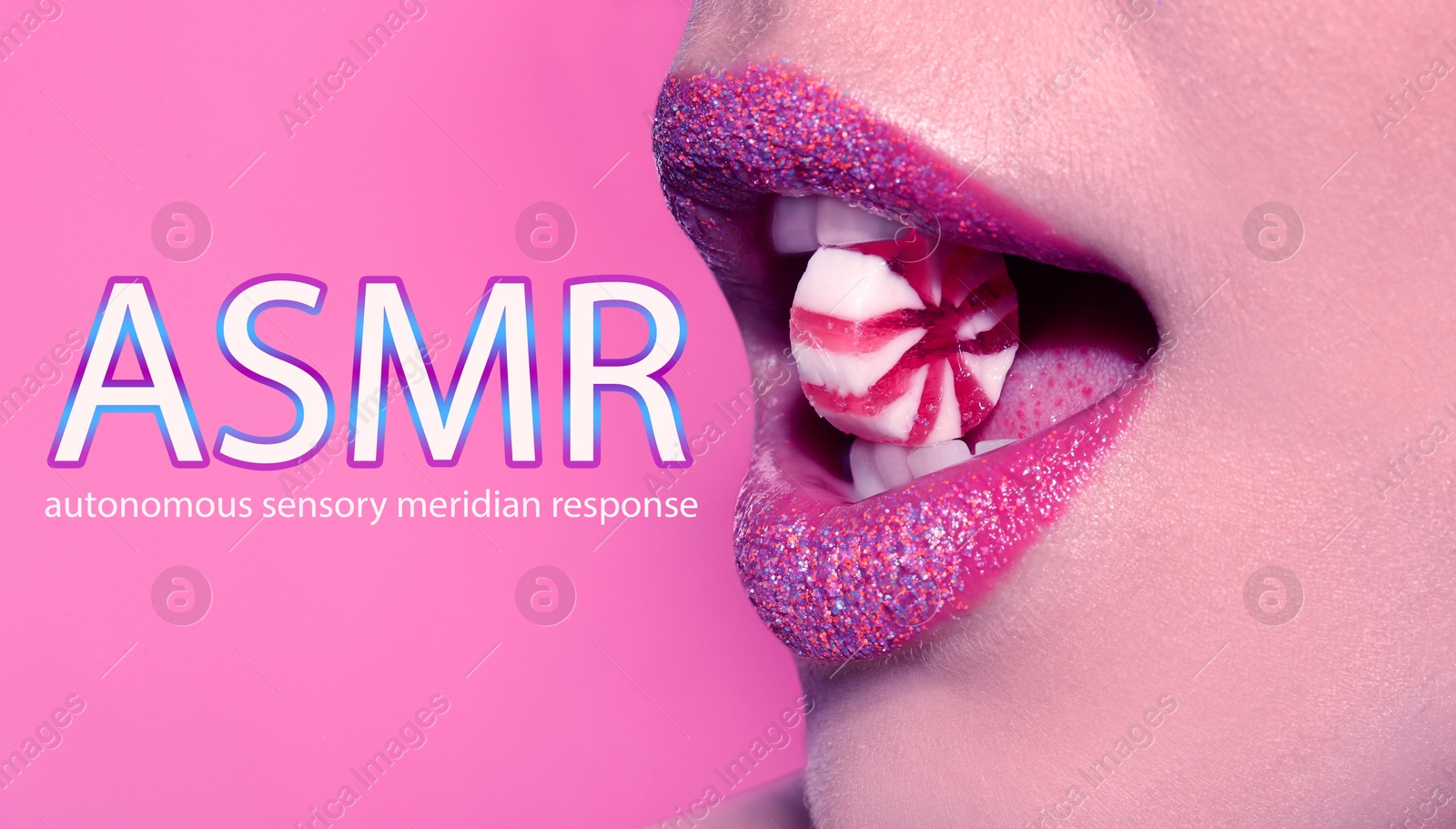 ASMR media (autonomous sensory meridian response). Woman with candy in her mouth on pink background, closeup Image of ASMR media (autonomous sensory meridian response). Woman with candy in her mouth on pink background, closeup