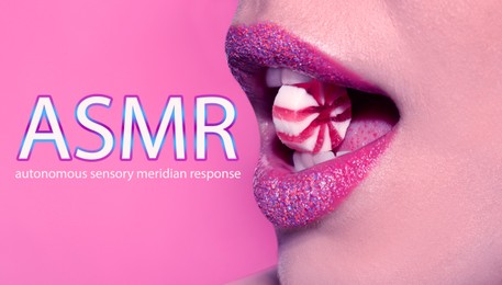 Image of ASMR media (autonomous sensory meridian response). Woman with candy in her mouth on pink background, closeup
