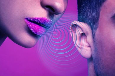 Image of ASMR media (autonomous sensory meridian response). Sound waves coming out of woman's lips into man's ear on color background