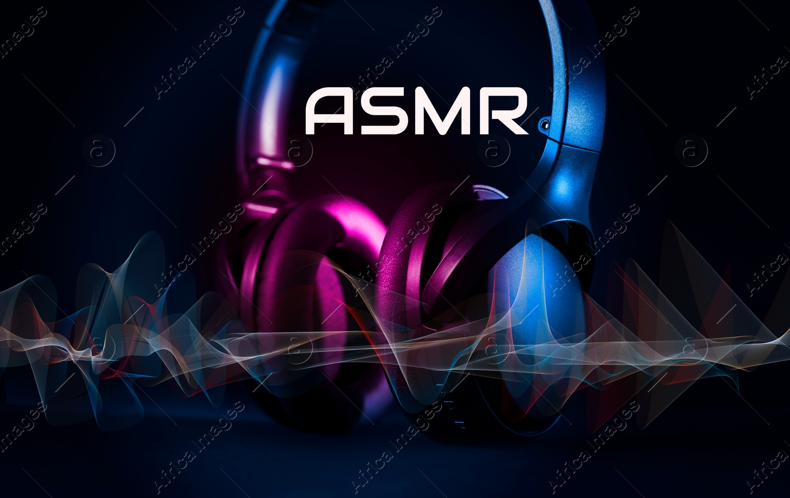 ASMR media (autonomous sensory meridian response). Headphones in neon lights and sound waves on dark background Image of ASMR media (autonomous sensory meridian response). Headphones in neon lights and sound waves on dark background