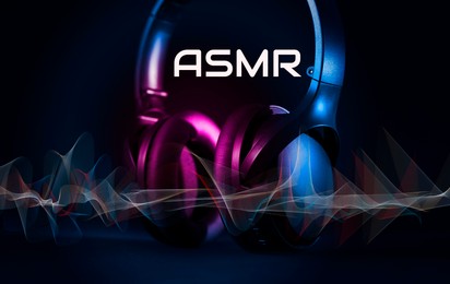 Image of ASMR media (autonomous sensory meridian response). Headphones in neon lights and sound waves on dark background