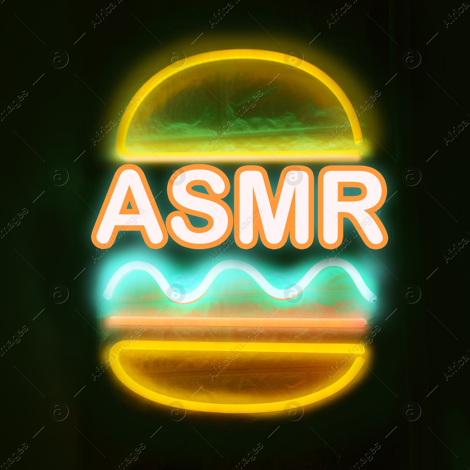 Autonomous sensory meridian response. Burger shape neon sign with abbreviation ASMR on black background Image of Autonomous sensory meridian response. Burger shape neon sign with abbreviation ASMR on black background