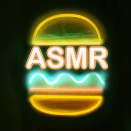 Image of Autonomous sensory meridian response. Burger shape neon sign with abbreviation ASMR on black background