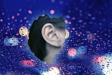 Image of ASMR media (autonomous sensory meridian response). Woman's ear, view through wet glass