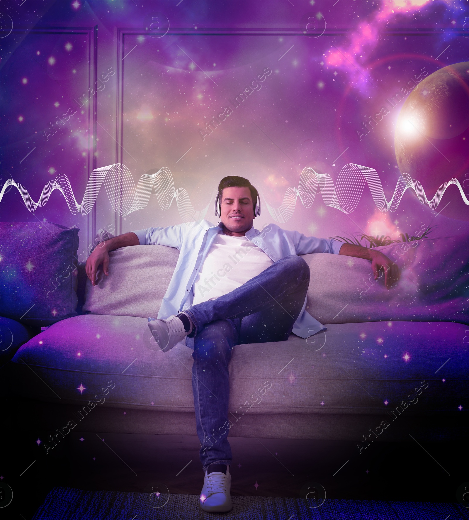 Autonomous sensory meridian response. Man with headphones enjoying ASMR media at home. Double exposure with space symbolizing pleasant feelings Image of Autonomous sensory meridian response. Man with headphones enjoying ASMR media at home. Double exposure with space symbolizing pleasant feelings