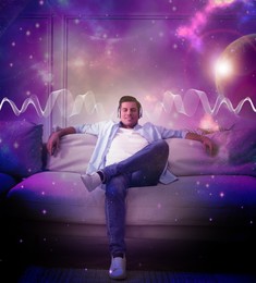 Image of Autonomous sensory meridian response. Man with headphones enjoying ASMR media at home. Double exposure with space symbolizing pleasant feelings