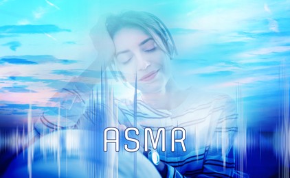 Image of Autonomous sensory meridian response. Woman with headphones enjoying ASMR media. Double exposure with sky symbolizing pleasant feelings