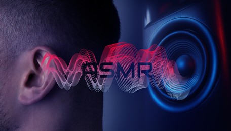Image of ASMR media (autonomous sensory meridian response). Sound waves coming out of speaker into man's ear