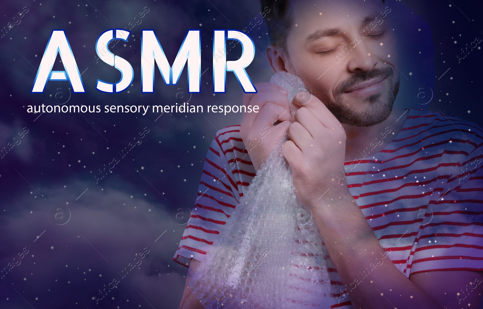 Autonomous sensory meridian response. Man enjoying ASMR sound of popping bubble wrap. Double exposure with space symbolizing pleasant feelings Image of Autonomous sensory meridian response. Man enjoying ASMR sound of popping bubble wrap. Double exposure with space symbolizing pleasant feelings