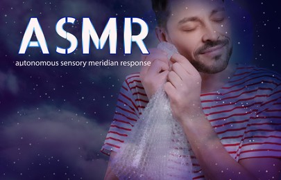 Image of Autonomous sensory meridian response. Man enjoying ASMR sound of popping bubble wrap. Double exposure with space symbolizing pleasant feelings