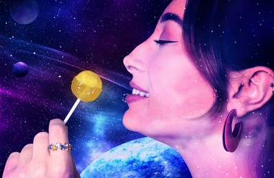 Image of ASMR media (autonomous sensory meridian response). Woman holding lollipop, double exposure with space