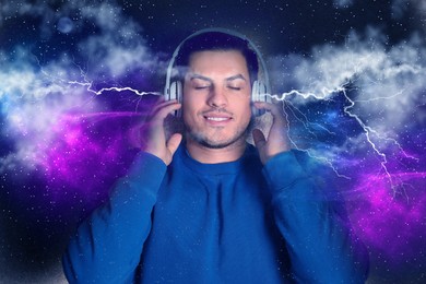 Image of Autonomous sensory meridian response. Man with headphones enjoying ASMR media. Double exposure with space and lightnings symbolizing pleasant feelings