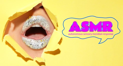 Image of ASMR media (autonomous sensory meridian response). Woman with creative lip makeup, view through hole in color paper