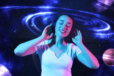 Image of Autonomous sensory meridian response. Woman with headphones enjoying ASMR media. Double exposure with space symbolizing pleasant feelings