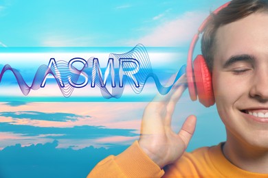 Image of Autonomous sensory meridian response. Man with headphones enjoying ASMR media. Double exposure with sky symbolizing pleasant feelings