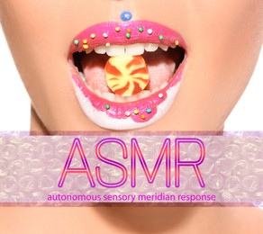 Image of ASMR media (autonomous sensory meridian response). Woman with creative makeup holding candy in her mouth, closeup