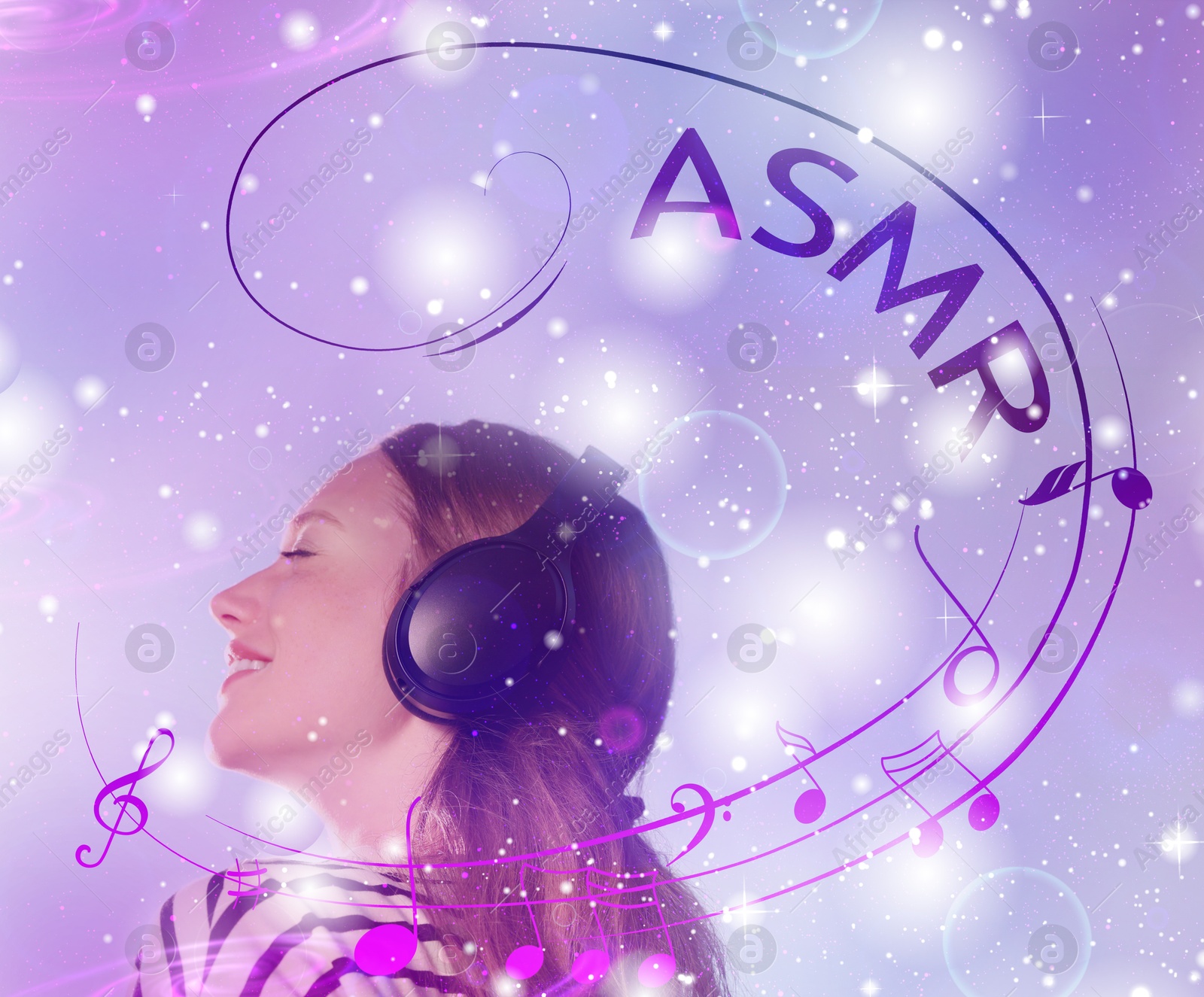 Autonomous sensory meridian response. Man with headphones enjoying ASMR media. Double exposure with lights symbolizing pleasant feelings Image of Autonomous sensory meridian response. Man with headphones enjoying ASMR media. Double exposure with lights symbolizing pleasant feelings