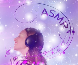 Image of Autonomous sensory meridian response. Man with headphones enjoying ASMR media. Double exposure with lights symbolizing pleasant feelings