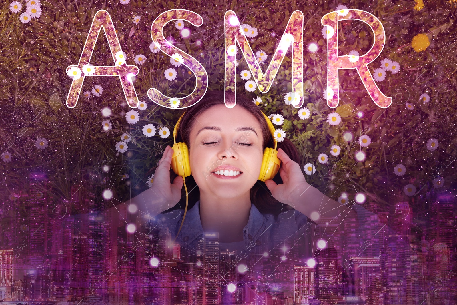 Autonomous sensory meridian response. Woman with headphones enjoying ASMR media on flowering meadow. Double exposure with cityscape Image of Autonomous sensory meridian response. Woman with headphones enjoying ASMR media on flowering meadow. Double exposure with cityscape