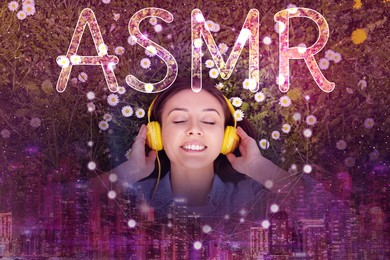 Image of Autonomous sensory meridian response. Woman with headphones enjoying ASMR media on flowering meadow. Double exposure with cityscape