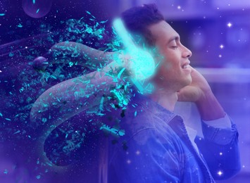 Image of Autonomous sensory meridian response. Man with headphones enjoying ASMR media. Double exposure with space symbolizing pleasant feelings